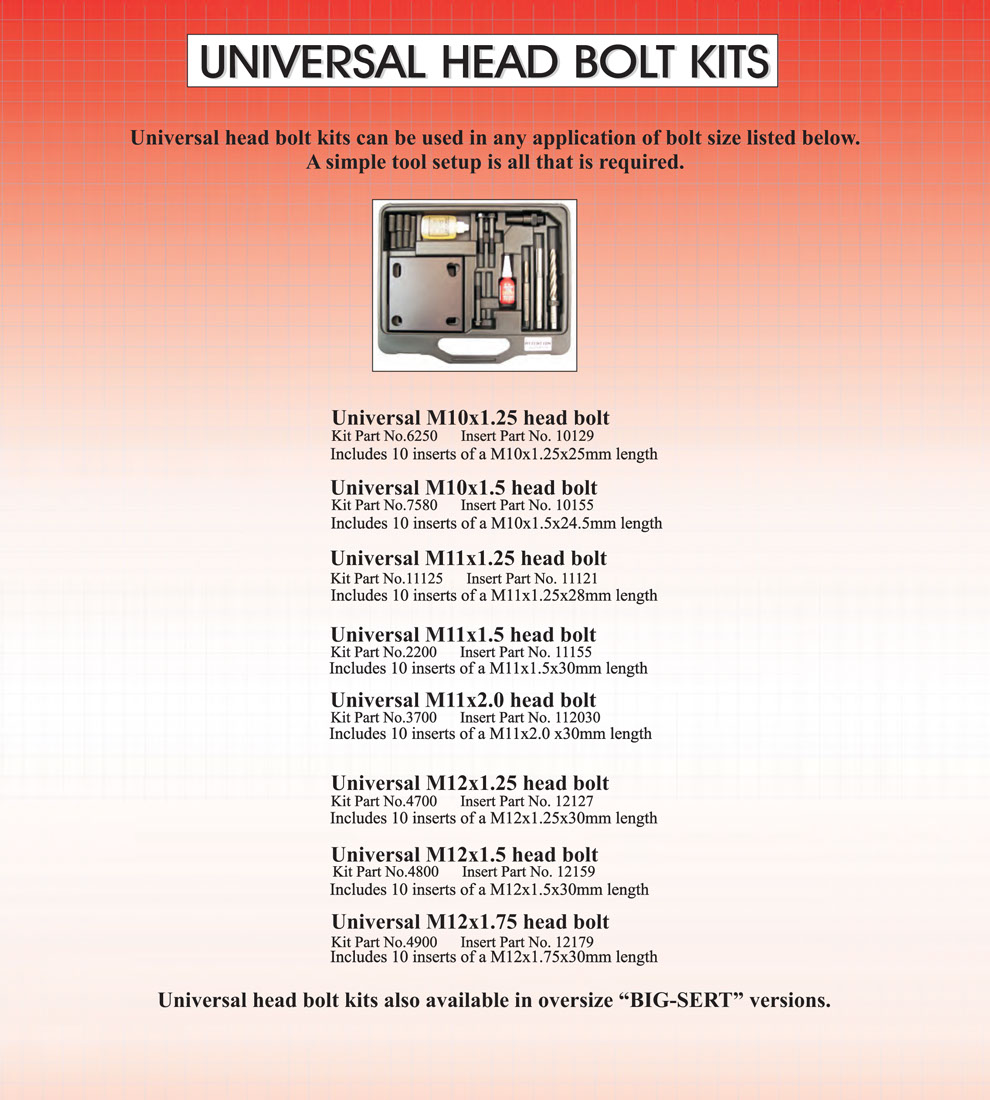 head bolts -engine thread repair kit sizes